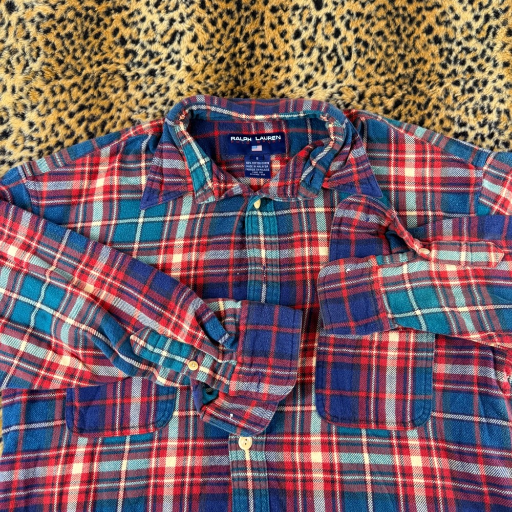 Vintage Ralph Lauren Polo Sport Red Blue Plaid Flannel Shirt Size 8 Cotton